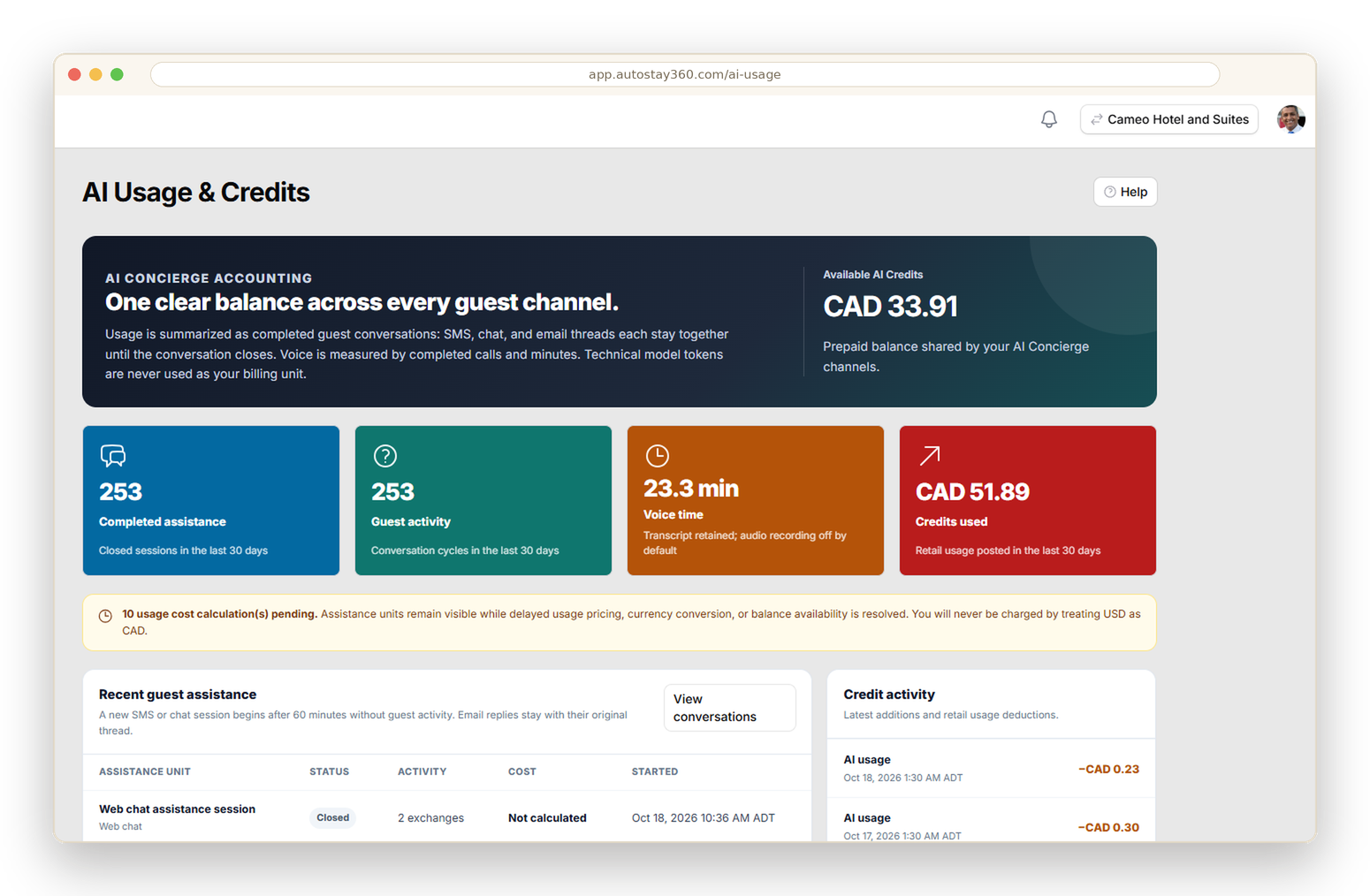 The AutoStay 360 AI usage and analytics dashboard
